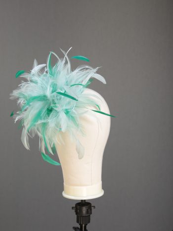 Ladies wedding or races aqua and emerald green small feather and satin loop fascinator hat