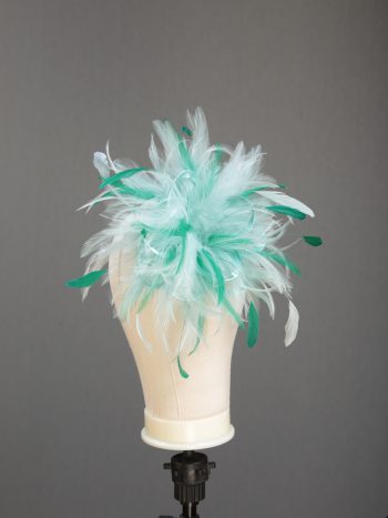 Ladies wedding or races aqua and emerald green small feather and satin loop fascinator hat