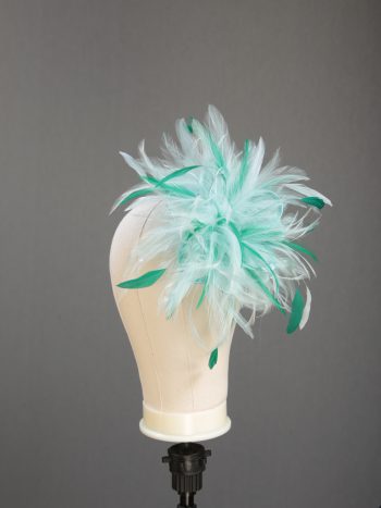 Ladies wedding or races aqua and emerald green small feather and satin loop fascinator hat