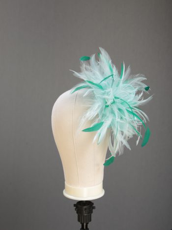 Ladies wedding or races aqua and emerald green small feather and satin loop fascinator hat