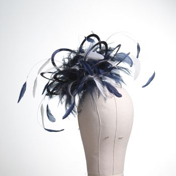 Ladies formal Navy Blue and White medium feather and satin loop fascinator hat. Suitable for a wedding or ladies day at the races