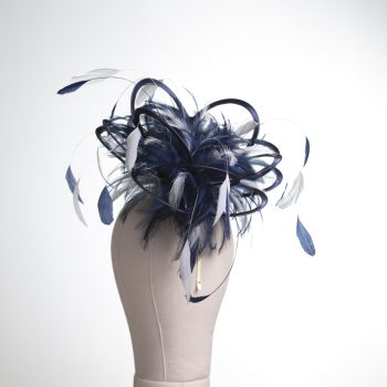 Ladies formal Navy Blue and White medium feather and satin loop fascinator hat. Suitable for a wedding or ladies day at the races