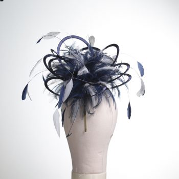 Ladies formal Navy Blue and White medium feather and satin loop fascinator hat. Suitable for a wedding or ladies day at the races