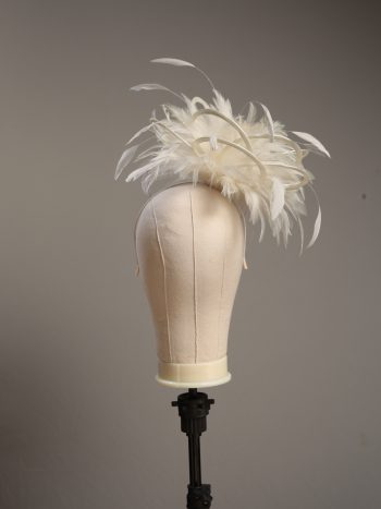 Ladies formal cream medium feather and satin loop fascinator hat. Suitable for a wedding or ladies day at the races