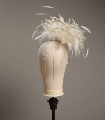 Ladies formal cream medium feather and satin loop fascinator hat. Suitable for a wedding or ladies day at the races