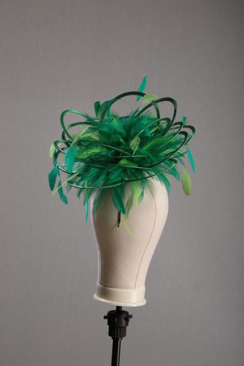 Ladies formal Emerald Green and Lime medium feather and satin loop fascinator hat. Suitable for a wedding or ladies day at the races