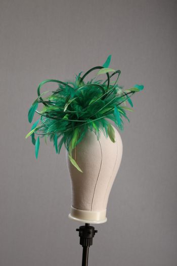 Ladies formal Emerald Green and Lime medium feather and satin loop fascinator hat. Suitable for a wedding or ladies day at the races