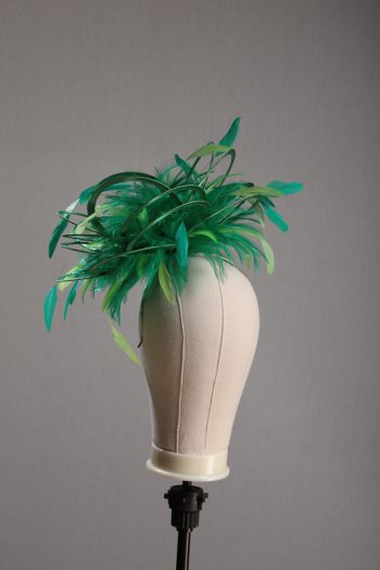 Ladies formal Emerald Green and Lime medium feather and satin loop fascinator hat. Suitable for a wedding or ladies day at the races