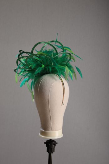 Ladies formal Emerald Green and Lime medium feather and satin loop fascinator hat. Suitable for a wedding or ladies day at the races