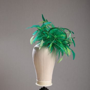 Ladies formal Emerald Green and Lime medium feather and satin loop fascinator hat. Suitable for a wedding or ladies day at the races