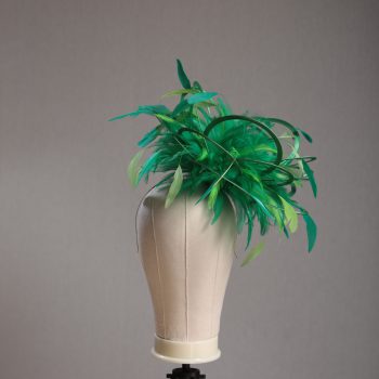 Ladies formal Emerald Green and Lime medium feather and satin loop fascinator hat. Suitable for a wedding or ladies day at the races