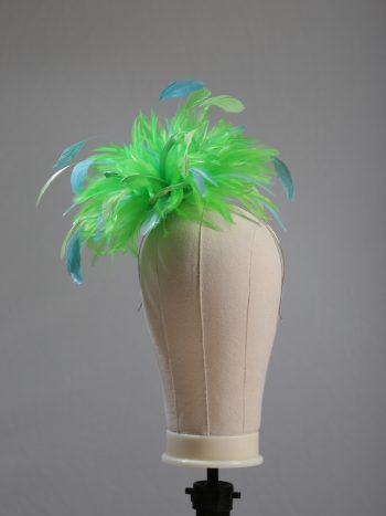 Ladies wedding or races apple lime green and aqua small feather and satin loop fascinator hat