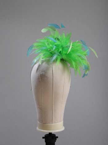 Ladies wedding or races apple lime green and aqua small feather and satin loop fascinator hat