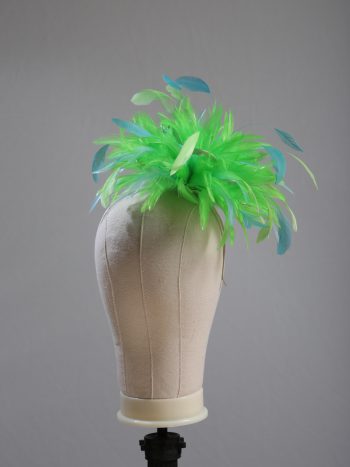 Ladies wedding or races apple lime green and aqua small feather and satin loop fascinator hat