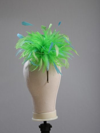 Ladies wedding or races apple lime green and aqua small feather and satin loop fascinator hat