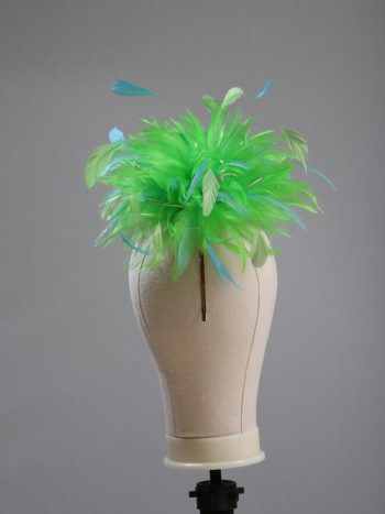 Ladies wedding or races apple lime green and aqua small feather and satin loop fascinator hat