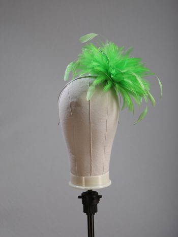 Ladies wedding or races apple lime green small feather and satin loop fascinator hat