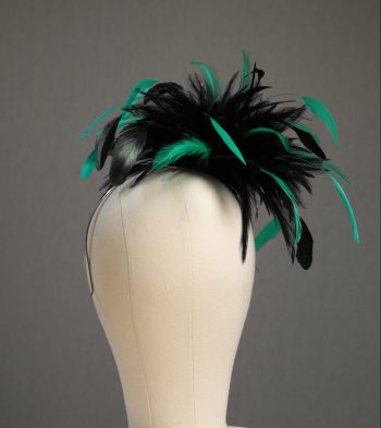 Ladies wedding or races black and emerald green small feather and satin loop fascinator hat