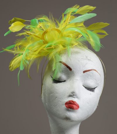 yellow and lime green small feather fascinator hat