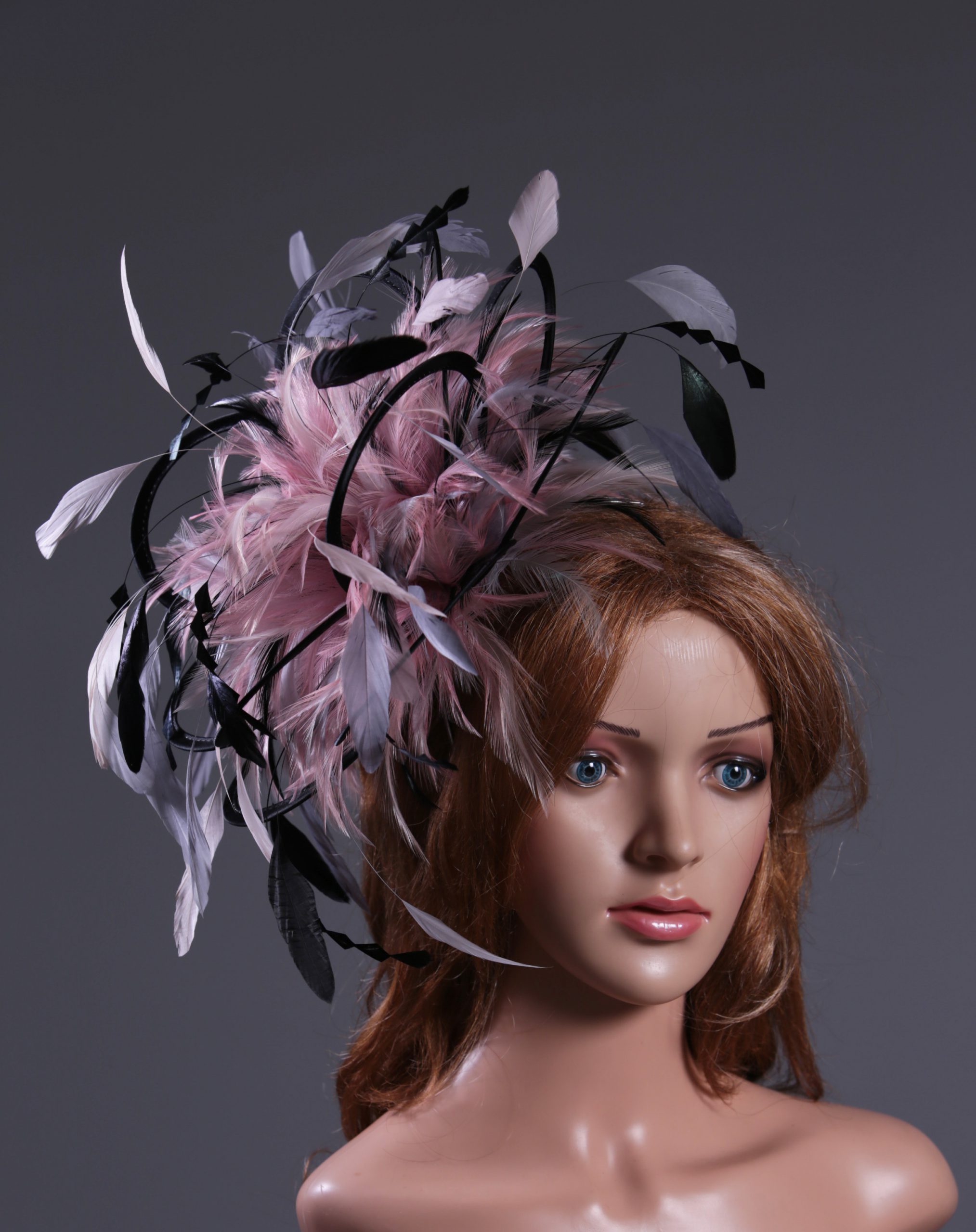 Ladies feather fascinator hat. Suitable for a wedding or ladies day Black,Pewter and Silver Grey, Baby Pink Fascinator Hat Headband handmade and available in over 30 colours