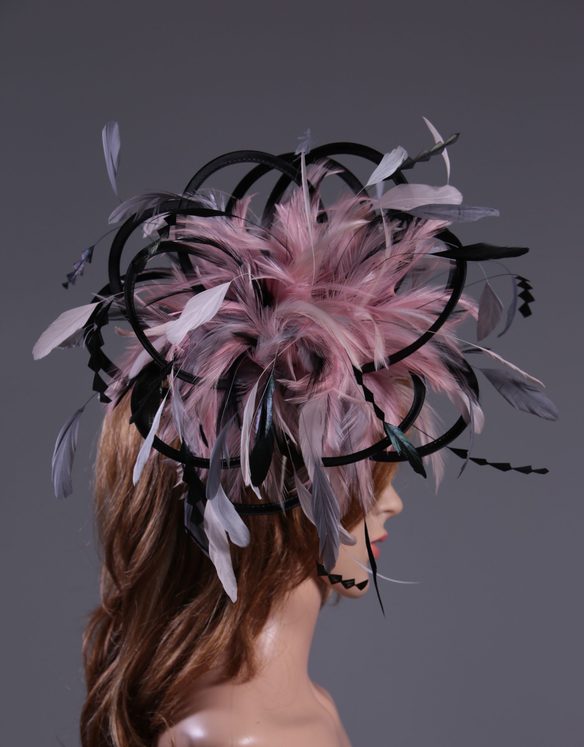 Black Pewter Grey Silver Grey Baby Pink Ladies Feather Fascinator Hat (9)