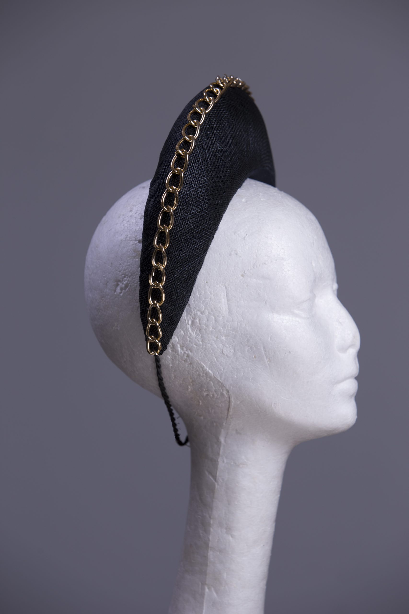 black sinimay crown with gold chain detail main 12 black sinamay halo crown for a wedding or the races