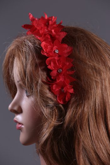 Red organza flower headband suitable for a ladies day at the races, bridal or a wedding