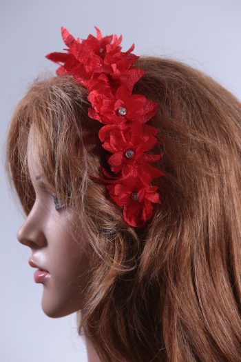 Red organza flower headband suitable for a ladies day at the races, bridal or a wedding