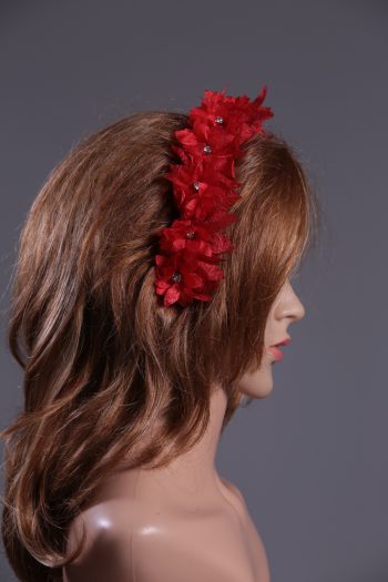 Red organza flower headband suitable for a ladies day at the races, bridal or a wedding