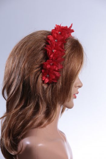 Red organza flower headband suitable for a ladies day at the races, bridal or a wedding