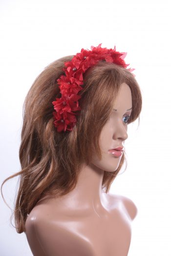 Red organza flower headband suitable for a ladies day at the races, bridal or a wedding