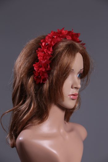 Red organza flower headband suitable for a ladies day at the races, bridal or a wedding