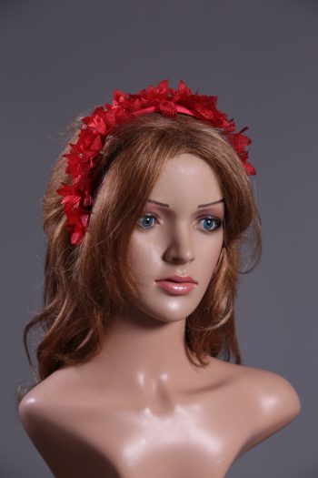 Red organza flower headband suitable for a ladies day at the races, bridal or a wedding