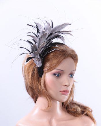 black and pale grey feather mount headband suitable for a wedding or ladies day at the races