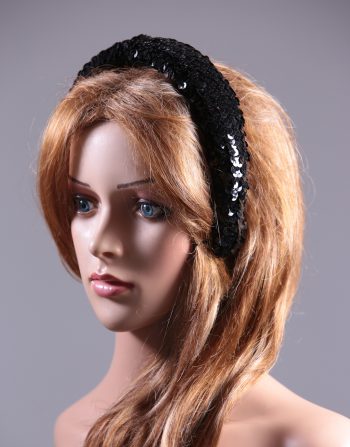 Black Sequin Padded headband Headpiece Fascinator Hat suitable for a wedding, party, or a ladies day at the races