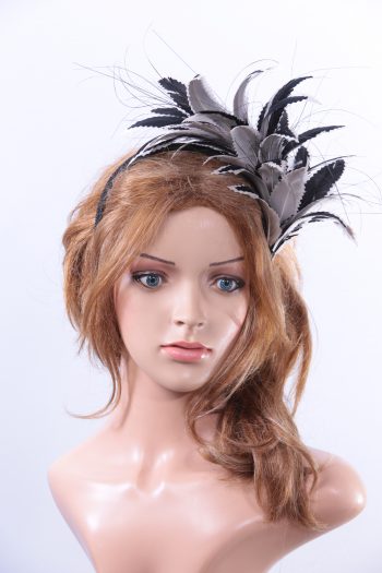 black and pale grey feather mount headband suitable for a wedding or ladies day at the races