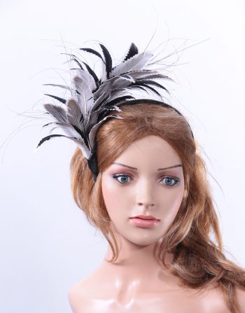 black and pale grey feather mount headband suitable for a wedding or ladies day at the races