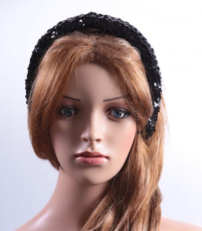 Black Sequin Padded headband Headpiece Fascinator Hat suitable for a wedding, party, or a ladies day at the races