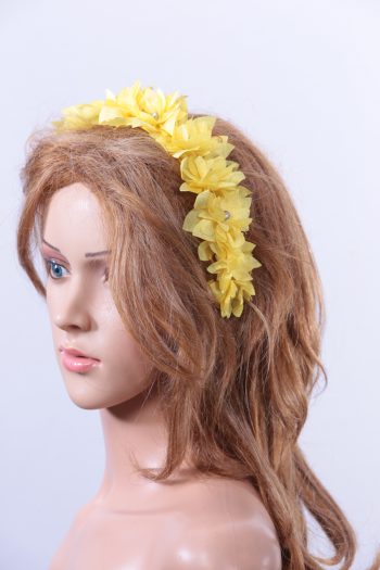 Yellow organza flower headband suitable for a ladies day at the races, bridal or a wedding