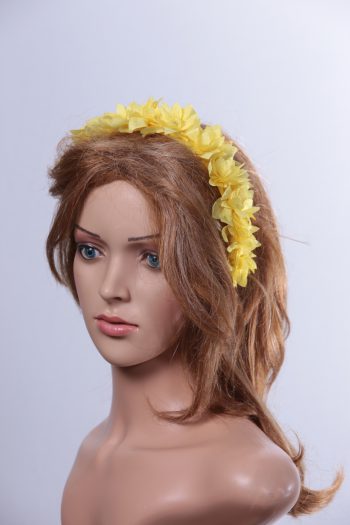 Yellow organza flower headband suitable for a ladies day at the races, bridal or a wedding