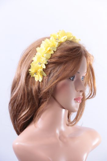 Yellow organza flower headband suitable for a ladies day at the races, bridal or a wedding