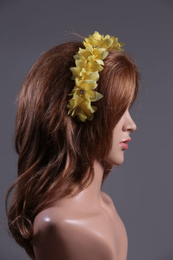 Yellow organza flower headband suitable for a ladies day at the races, bridal or a wedding