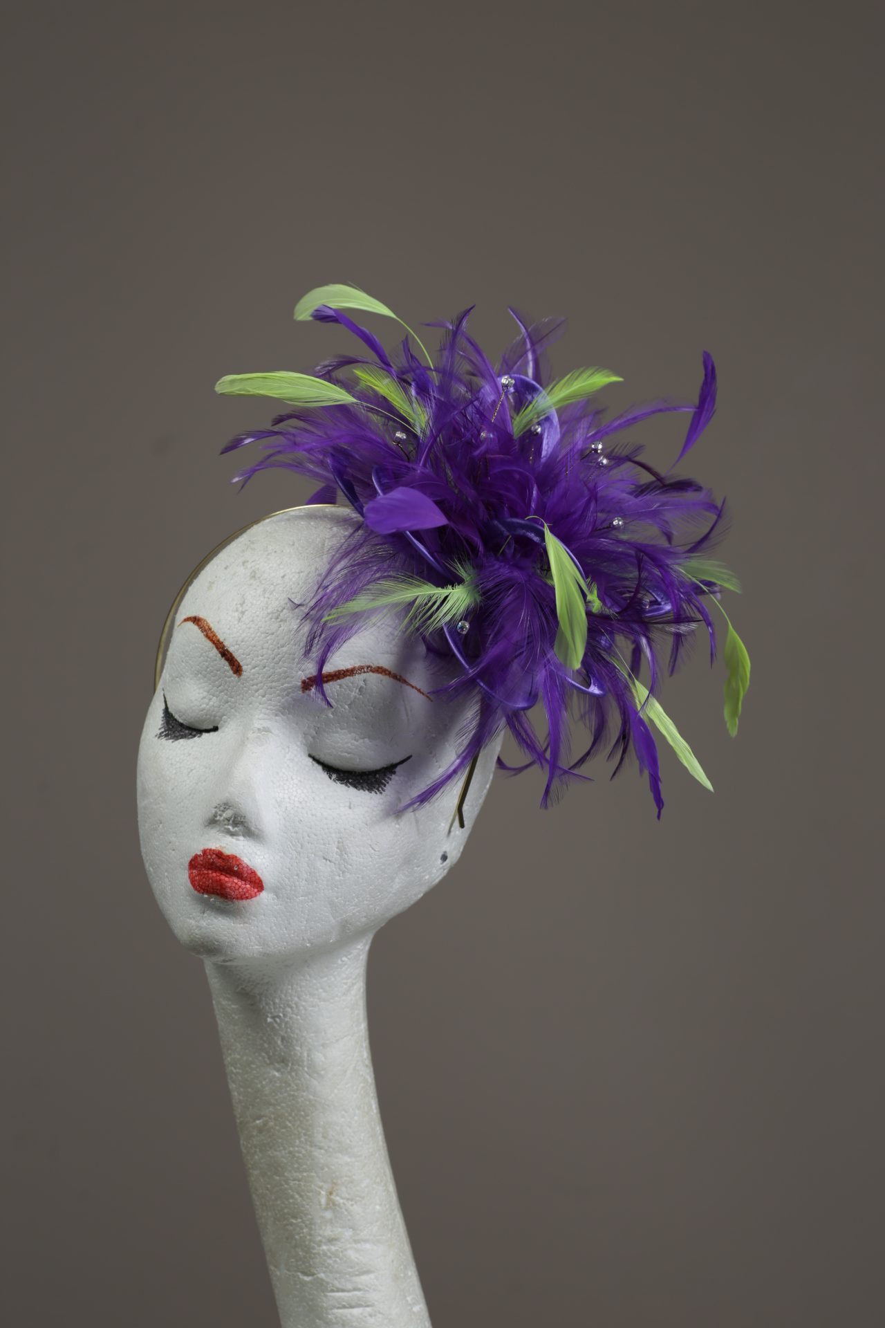 purple and acid lime green small feather fascinator hat (3) purple and acid lime green small feather fascinator hat