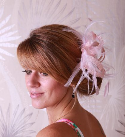 baby pink small sinamay and feather fascinator hat