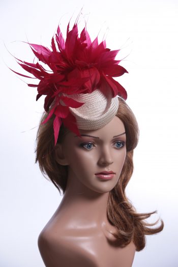 Ivory & Red Pillbox Feather Fascinator Hat