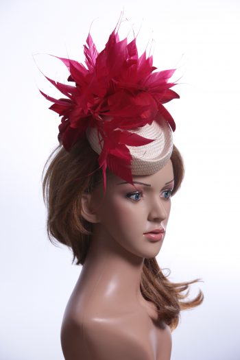 Ivory & Red Pillbox Feather Fascinator Hat