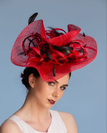 red and black large brim sinamay fascinator