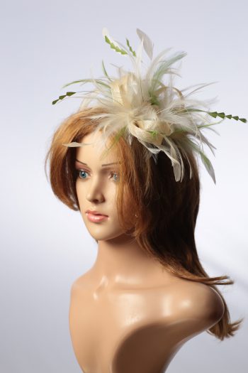 cream and olive moss green sinamay and feather fascinator hat