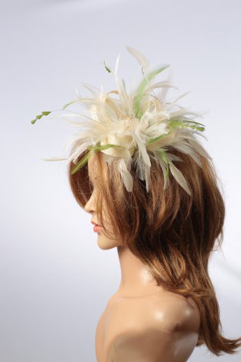 cream and olive moss green sinamay and feather fascinator hat