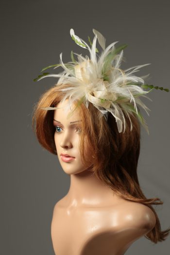 cream and olive moss green sinamay and feather fascinator hat